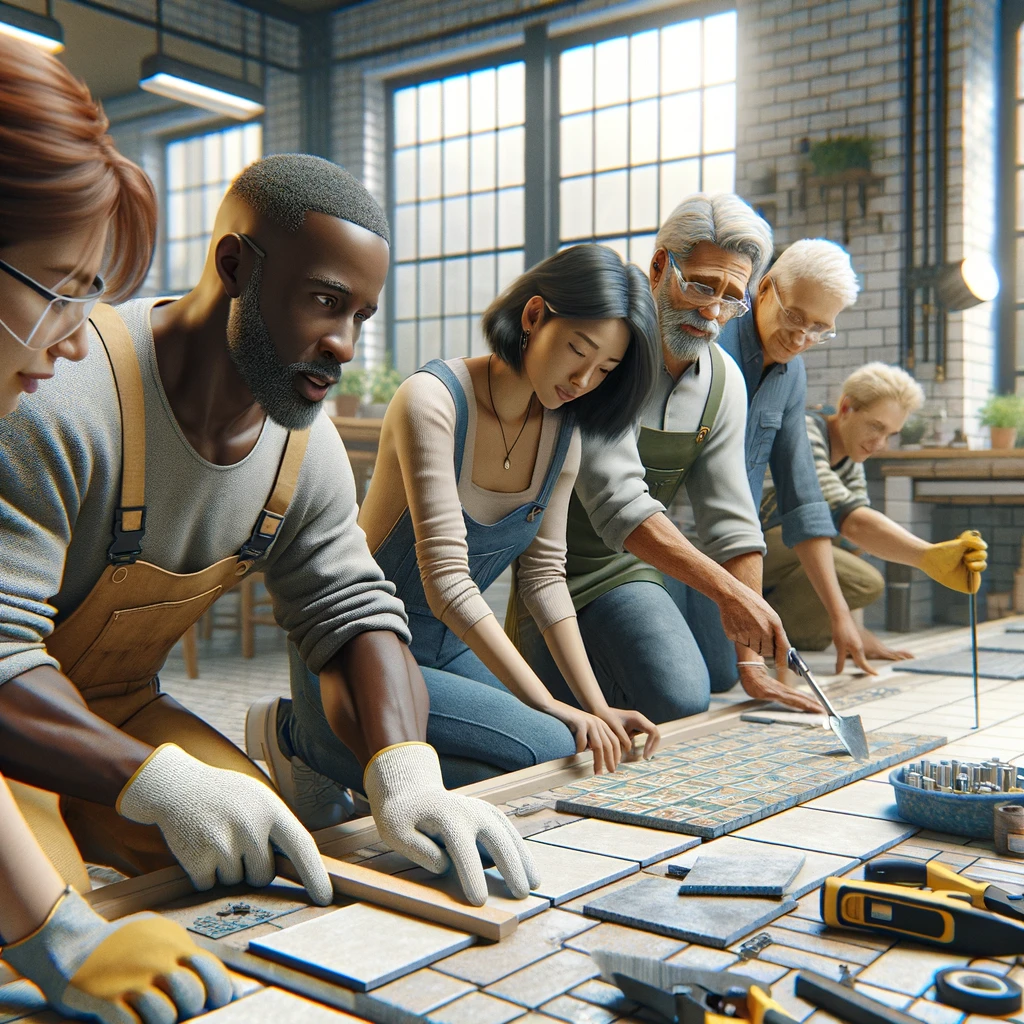 A diverse group lays tiles, guided by an instructor. "How to Install Ceramic Tile" workshop
