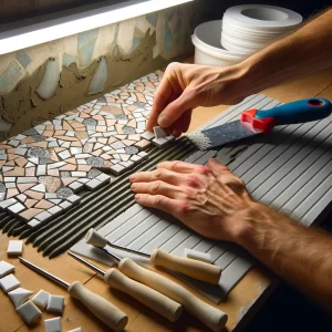 Hands installing mosaic tiles, showcasing mosaic tile installation process