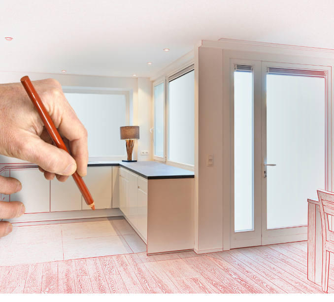 Kitchen renovation burnaby. Sketching a custom kitchen design, envisioning a renovation in Burnaby.