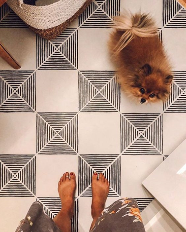 Top view of a person's feet and a Pomeranian on a porcelain vs ceramic patterned floor.