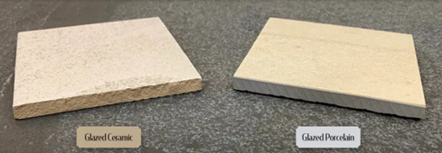 Comparison of glazed ceramic and glazed porcelain tile samples on a gray surface.