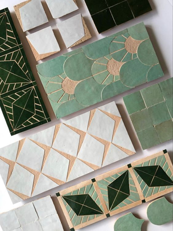 Artistic layout of green and white porcelain vs ceramic tiles with intricate designs.