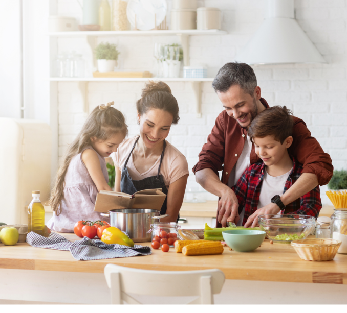 kitchen renovation burnaby. amily enjoying cooking together in a newly renovated kitchen in Burnaby