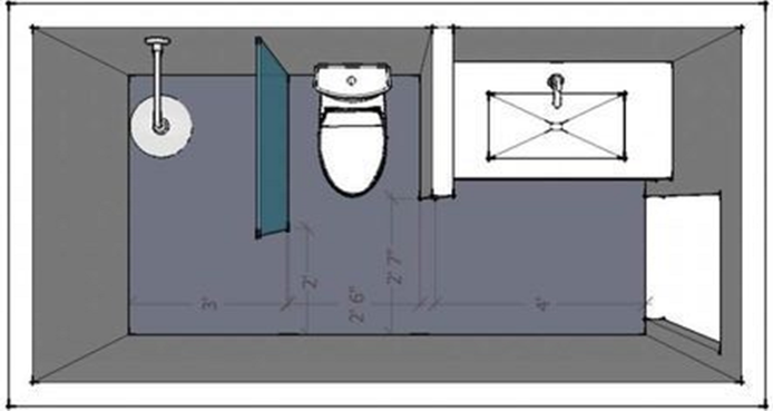 A 3D schematic drawing of a compact bathroom layout featuring a walk-in shower, wall-mounted toilet, and vanity with a sink, optimized for space efficiency in a small area