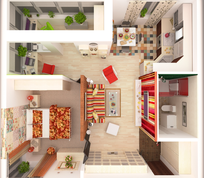 Bathroom layout: An overhead view of a colorful and well-coordinated home layout with a focus on the bathroom, showcasing a compact yet functional space with modern fixtures and bright interior design.