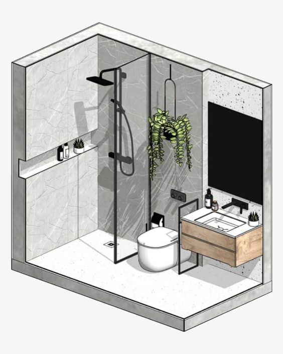 An isometric illustration of a modern bathroom layout with a glass-enclosed shower, a sleek wall-mounted toilet, and a wooden vanity with a rectangular basin, complemented by minimalist decor and greenery