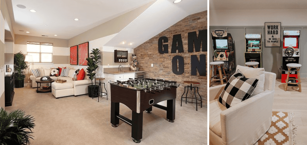 Basement remodel ideas showcasing spacious rec rooms with gaming areas and cozy seating.