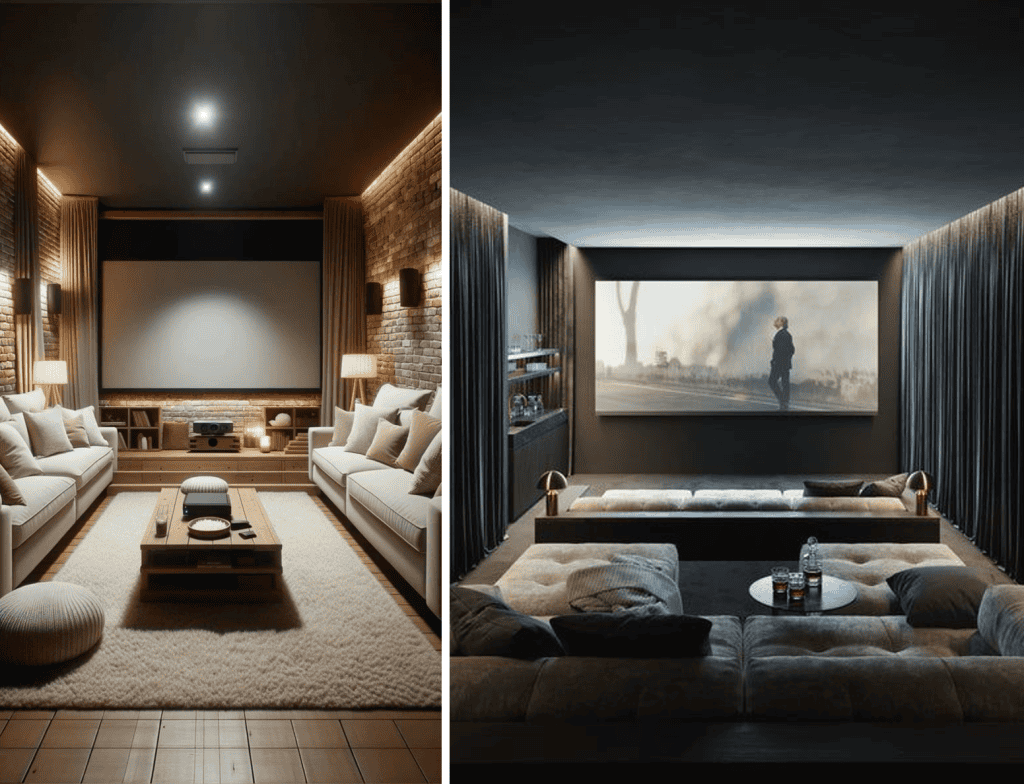 Basement remodel ideas featuring luxurious home theaters with plush seating and stylish decor.