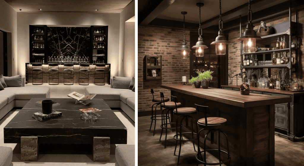 Basement remodel ideas with elegant bars: one with sleek design and large seating area, another rustic with hanging lights.