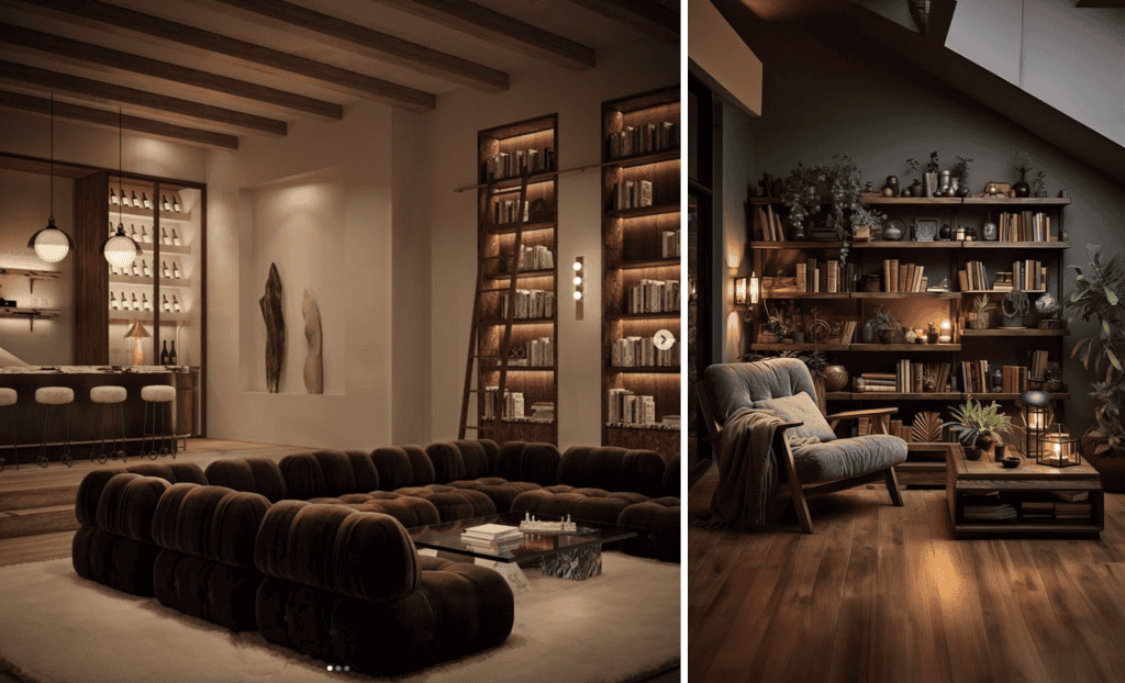 Two basement remodel ideas: a plush bar with velvet seating and a cozy reading nook with wooden shelves and plants.