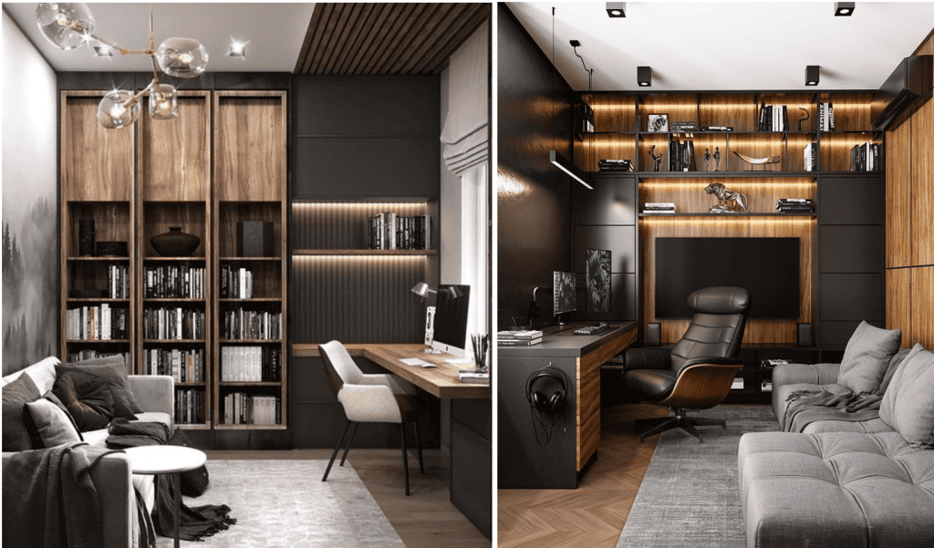 Sleek basement remodel ideas: modern home offices with wood accents and stylish decor.