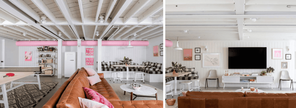 Basement remodel ideas showcasing vibrant multi-utility rooms with playful and modern designs.