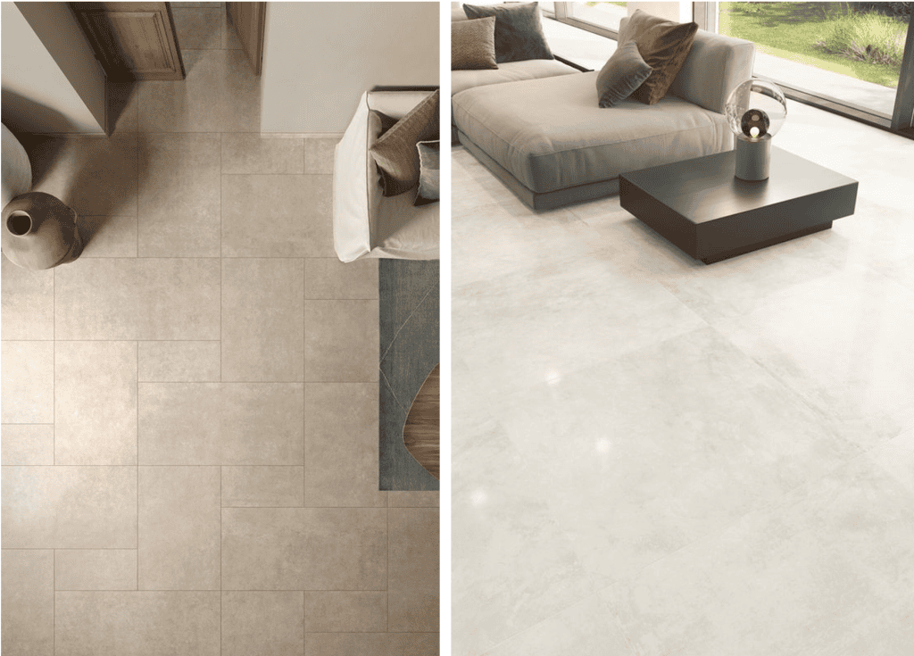 Left: Beige tile flooring in a cozy nook. Right: Sleek grey flooring in a modern living room. Vancouver’s Top Choice for Affordable Luxury Flooring.