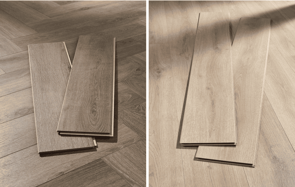 Left: Oak herringbone flooring samples. Right: Planks laid in natural light. Vancouver’s Top Choice for Affordable Luxury Flooring.