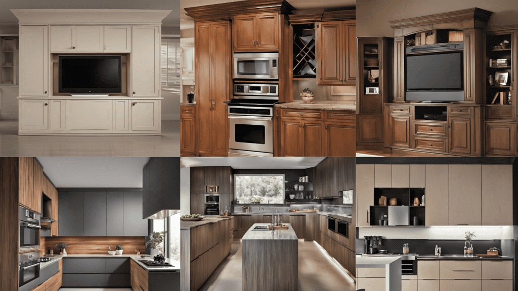 Selection of various kitchen cabinet materials including wood, metal, and laminate.