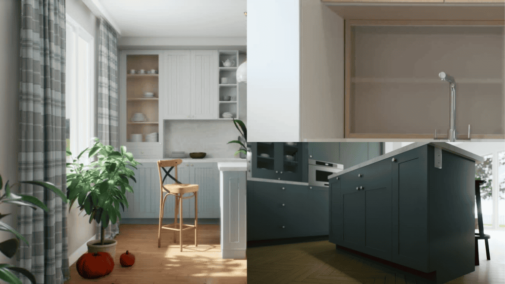 Different cabinet styles showcased in various kitchen settings.