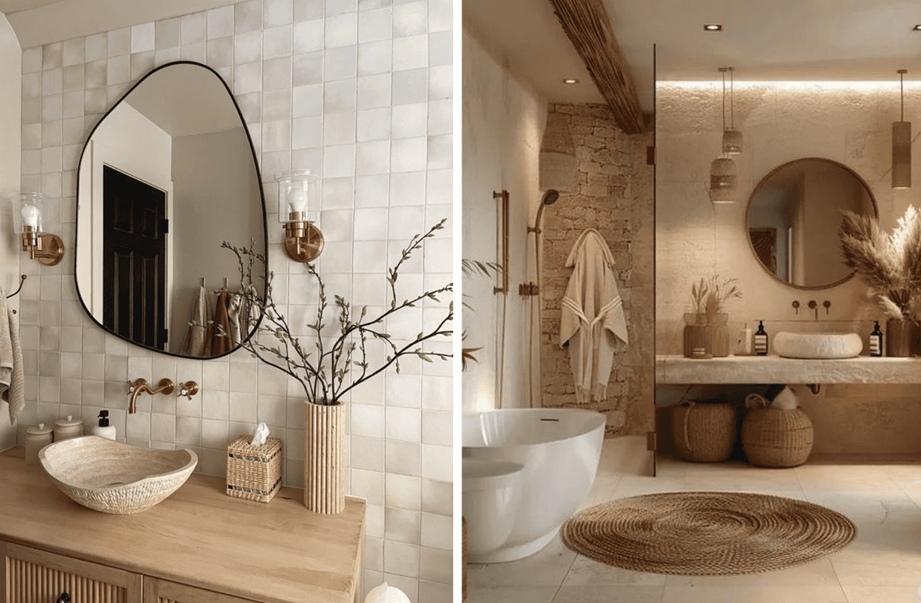 Cozy bathroom with natural elements and round mirror, bathroom trends 2024