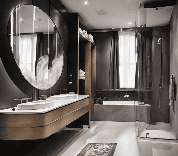 Luxurious bathroom with dark tones and round mirror, bathroom trends 2024