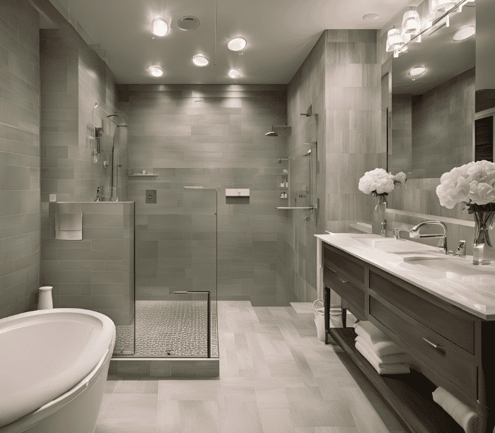 Spacious bathroom with green tiles and double vanity, bathroom trends 2024