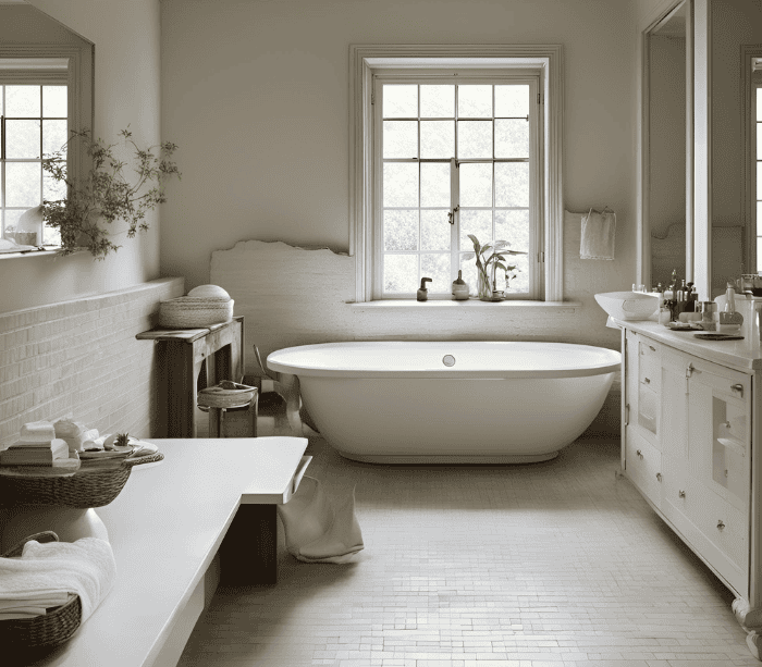 Classic bathroom with white freestanding tub and vintage decor, bathroom trends 2024
