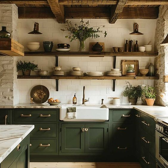 Rustic kitchen style 2024 with dark green cabinets, open wooden shelves, white backsplash, and farmhouse sink.