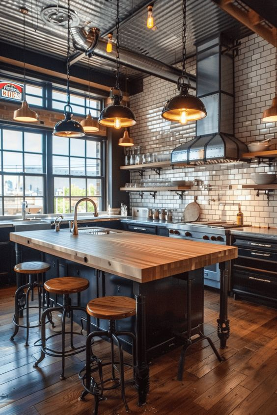 Industrial kitchen style 2024 with exposed pipes, metal accents, wooden countertops, brick walls, and pendant lighting.