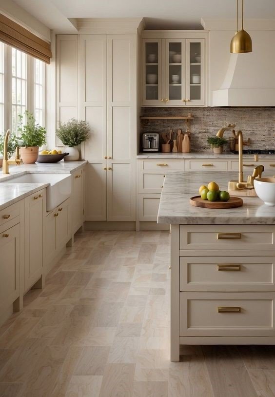 Cream and brass kitchen style 2024 with elegant cabinetry, marble countertops, farmhouse sink, and brass fixtures.