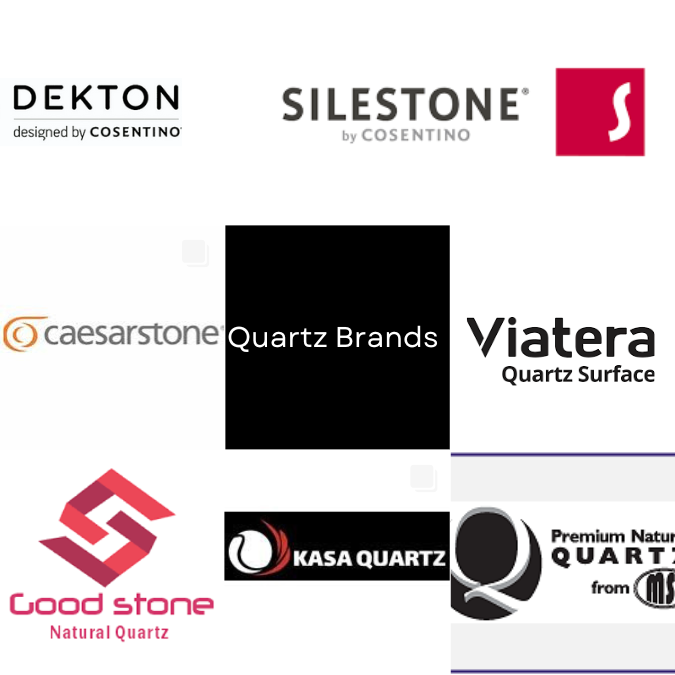 Cost quartz: Logos of popular quartz brands, including Dekton, Silestone, Caesarstone, Viatera, Good Stone, and Kasa Quartz.