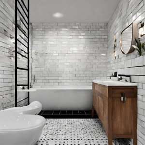 Chic urban bathroom featuring classic white subway tiles with dark grout, wooden vanity, and unique geometric floor tiles.