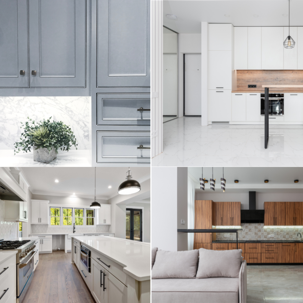 A collage of four different modern kitchen designs, each featuring distinct cabinet styles and finishes.