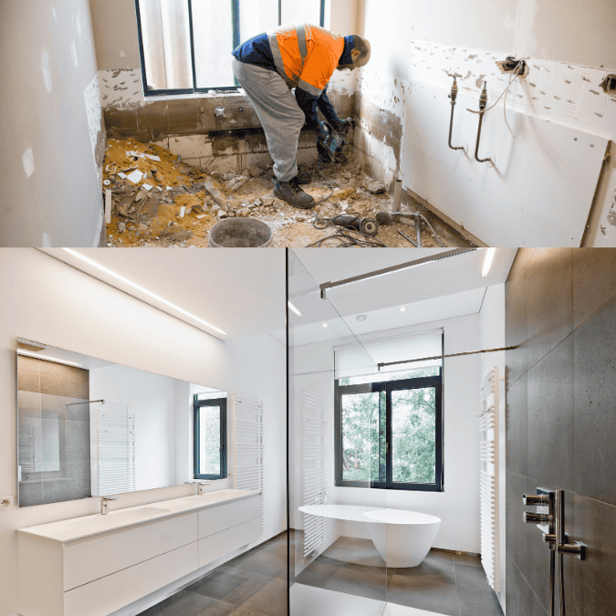 Bathroom renovation step by step: Before and after images showcasing the transformation from demolition to a modern bathroom.