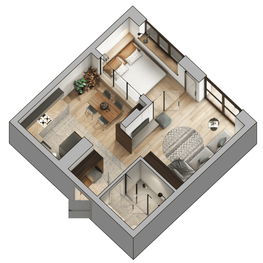 3D rendering of a modern condo layout featuring an open living room, kitchen, bedroom, and bathroom with contemporary design elements.